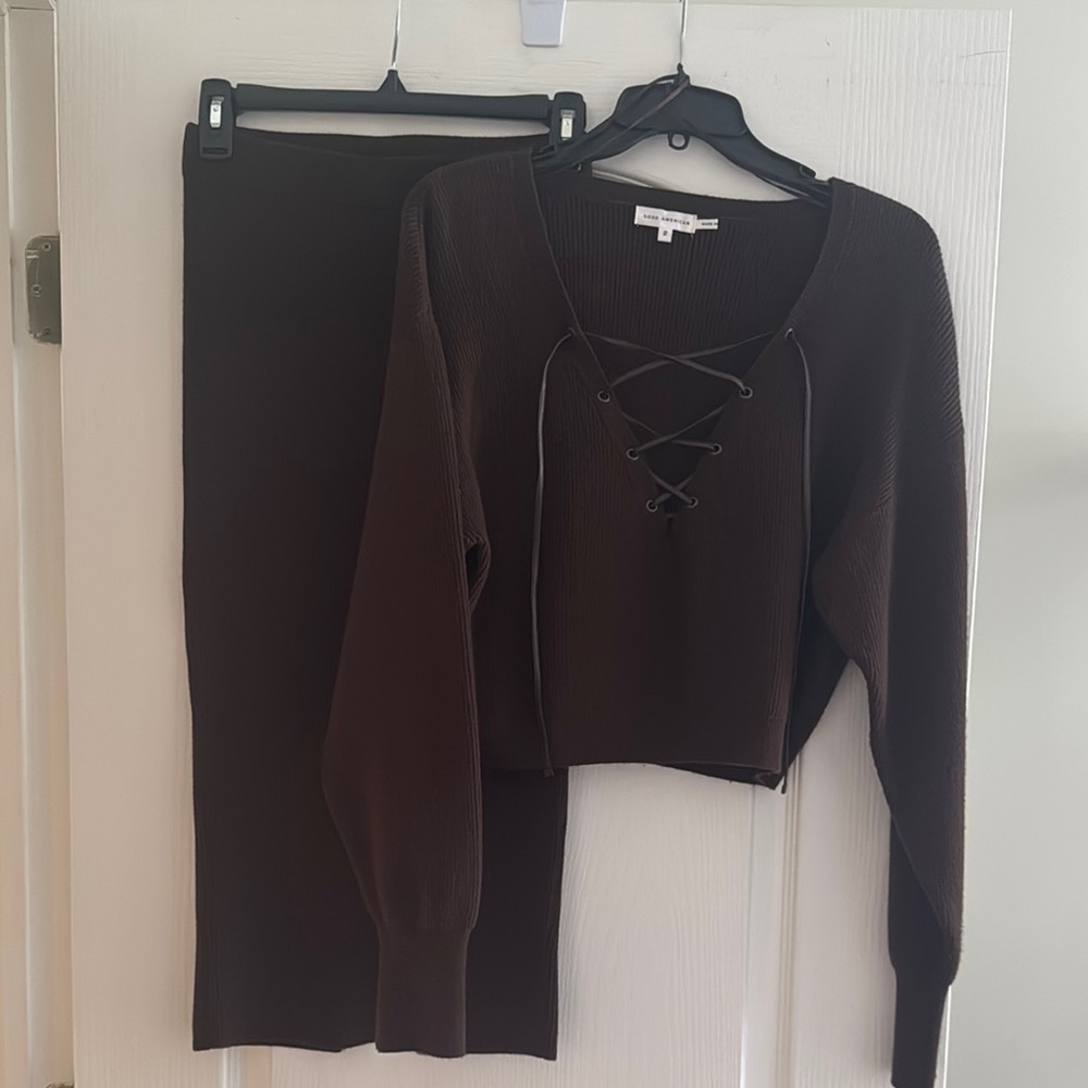 Brown Lace-Up Sweater and Skirt Set